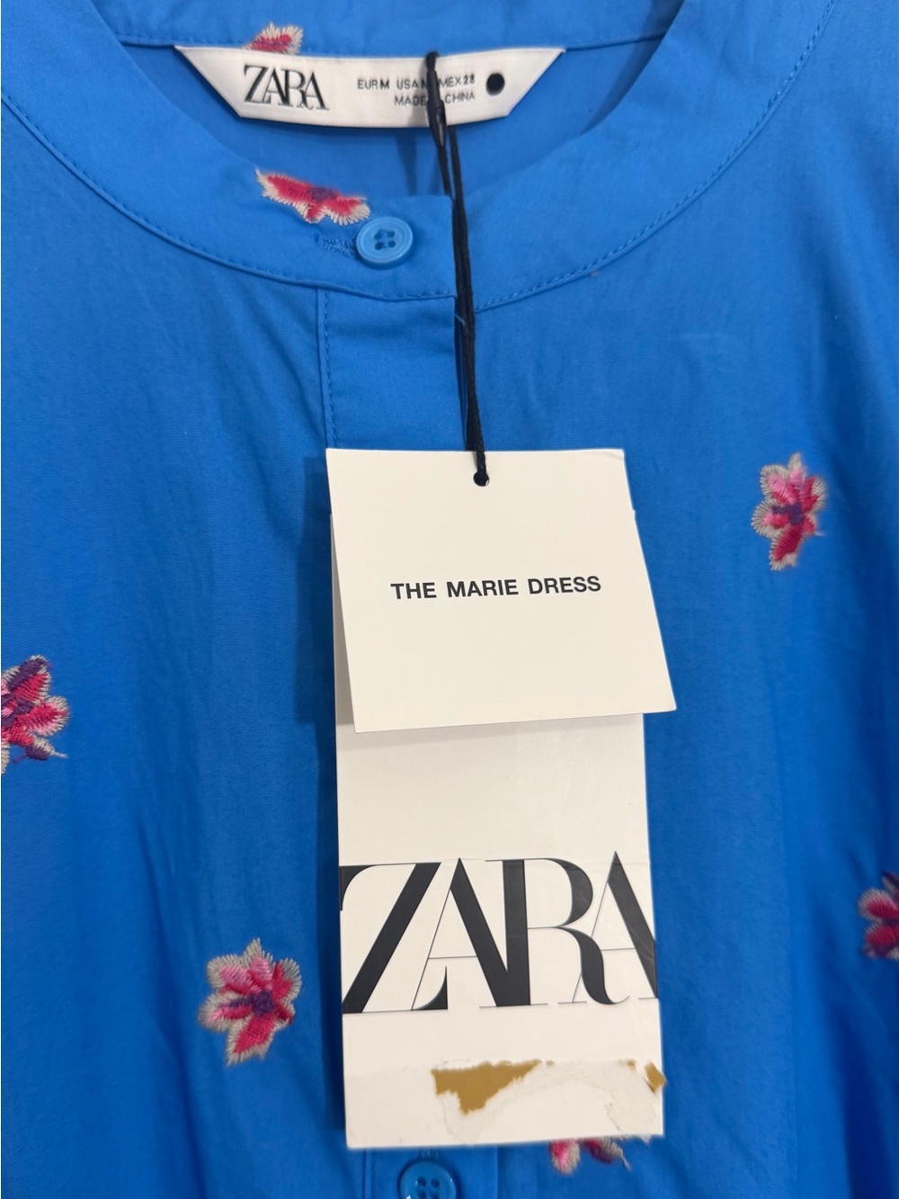 Zara Bright Blue Dress with Pink Floral Embroidery, Size M - Picture 4 of 7